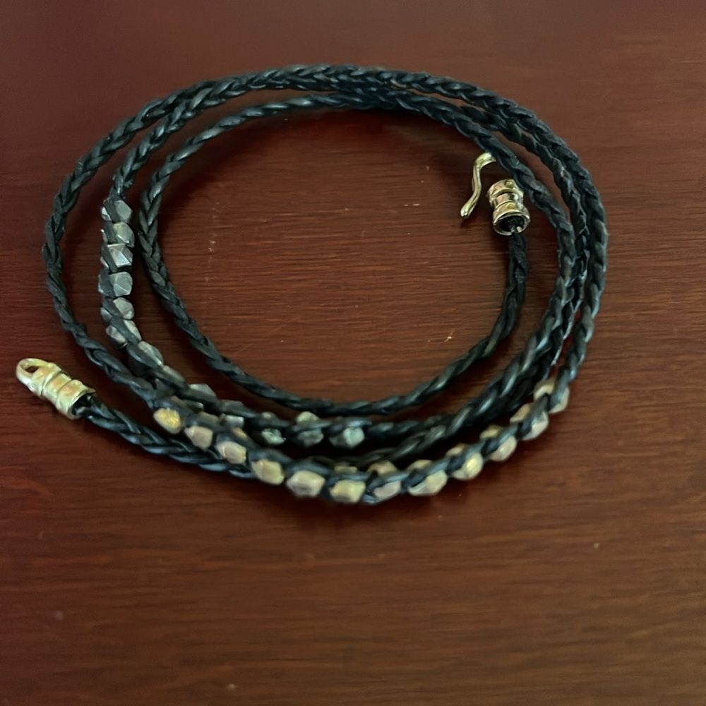 Black Twisted Leather 4 Wrap Bracelet with Gold and Dark Grey Colored Accents OS